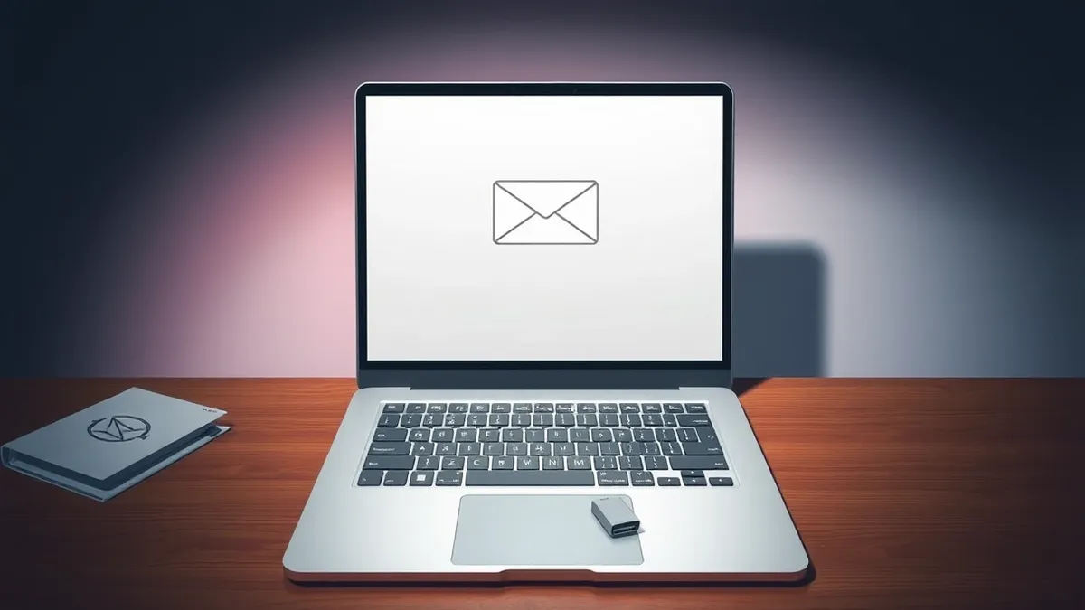 Illustration: A sleek silver laptop sits on a wooden desk in a dimly lit office.
