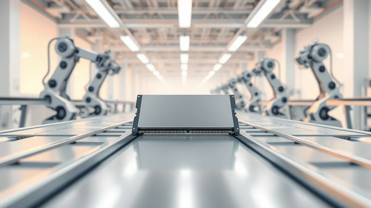 Illustration: A sleek, silver memory chip rests on a polished assembly line conveyor belt in a bright, sterile factory room.