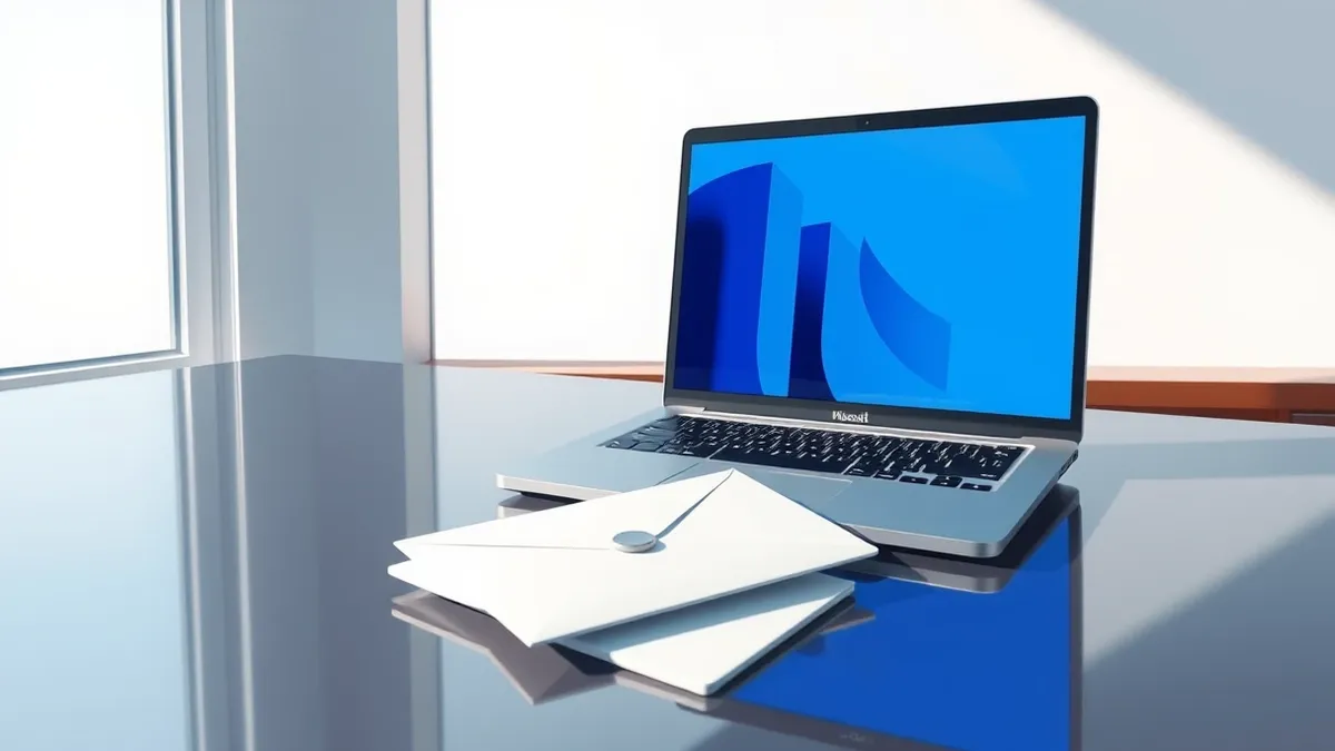 Illustration: A sleek silver laptop sits open on a polished university desk, its screen displaying only abstract blue geometric bars.