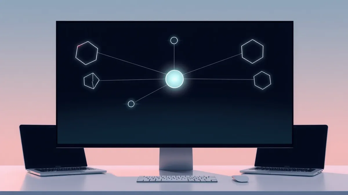 Illustration: A blank computer screen displays a single glowing node connected to several abstract geometric shapes by thin lines.