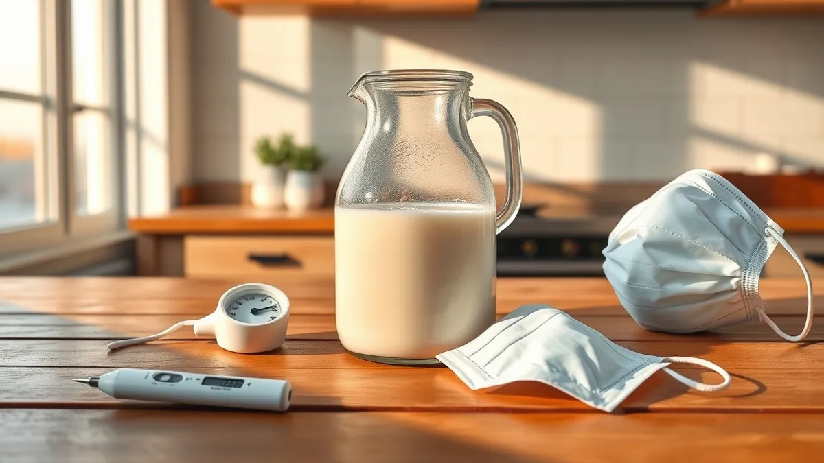 Illustration: A glass jug of unprocessed milk sits on a wooden kitchen table next to a medical thermometer and a sterile surgical mask.