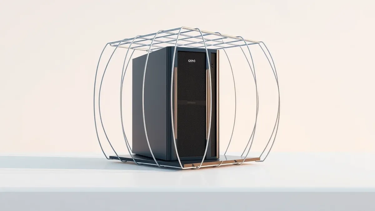 Illustration: A sleek black server module sits isolated on a sterile white table.