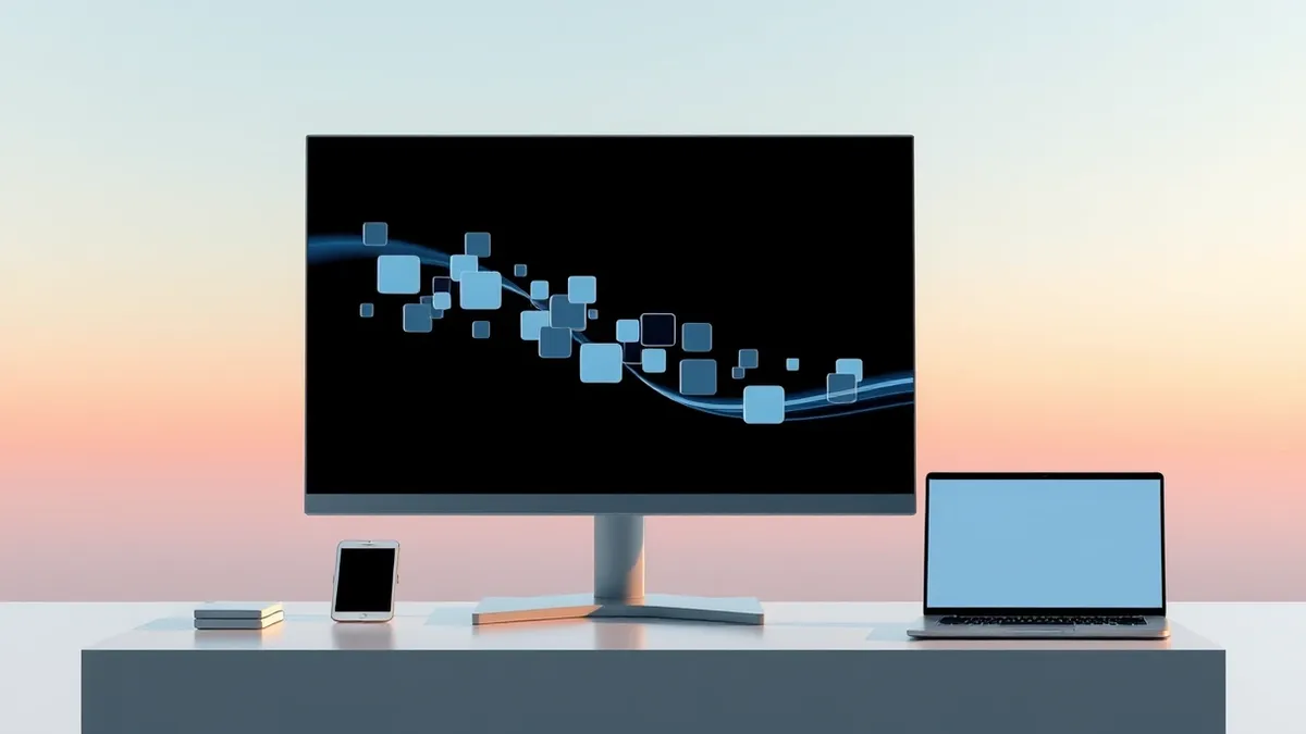 Illustration: A sleek silver monitor displays a live stream of flowing geometric shapes representing real-time data.