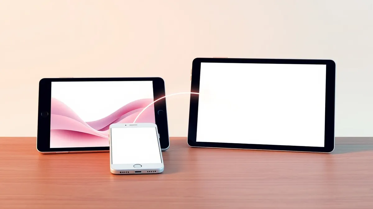 Illustration: A white smartphone rests on a wooden desk next to a tablet.