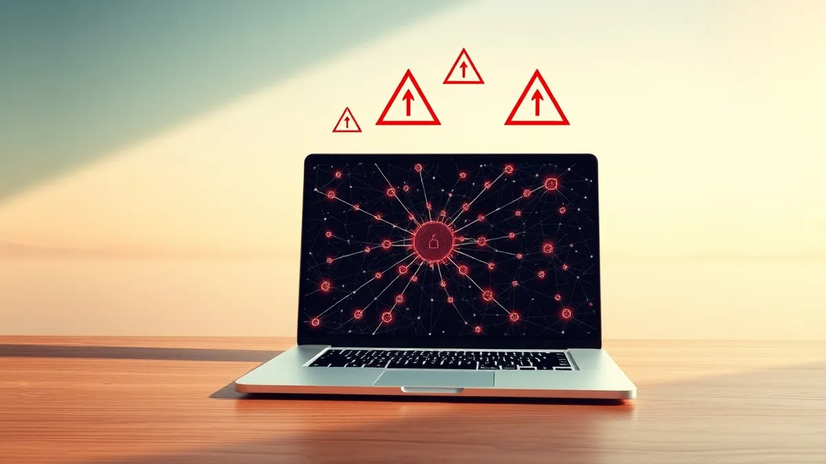 Illustration: A sleek silver laptop sits open on a wooden desk, its screen displaying a complex network of interconnected nodes and arrows.