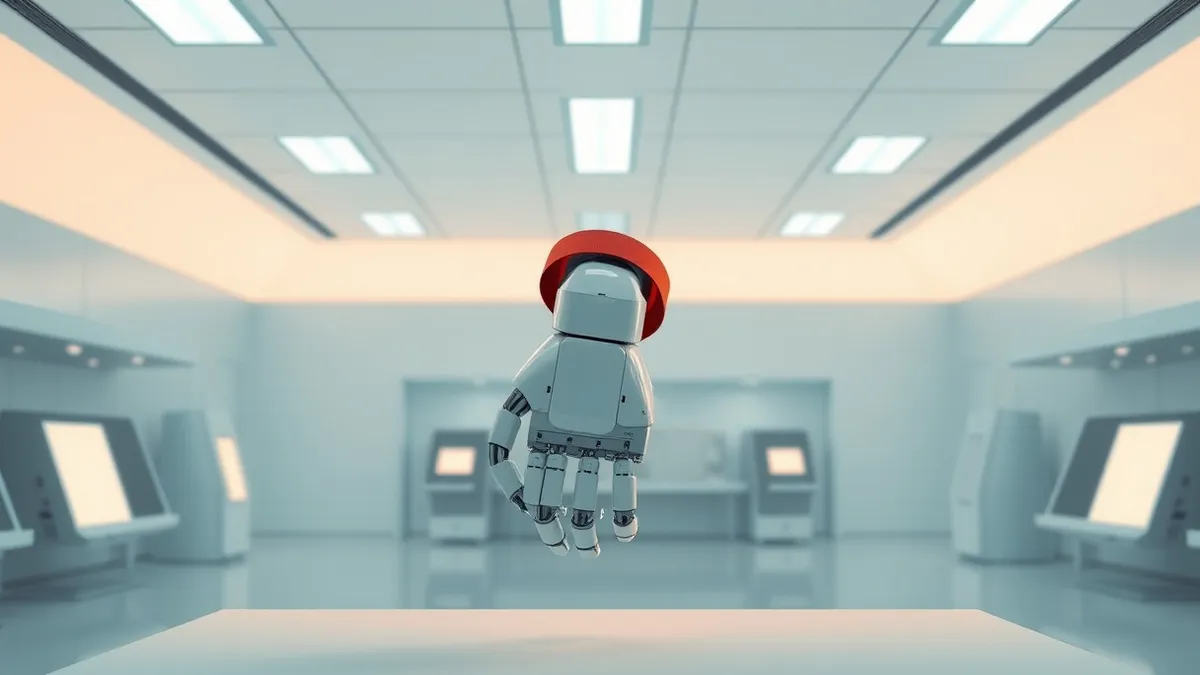 Illustration: A sleek white robotic arm hovers motionless in a sterile laboratory.