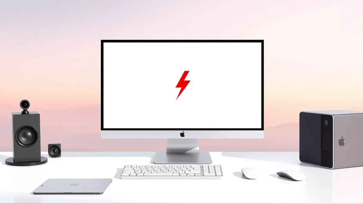 Illustration: A sleek desktop computer sits on a minimalist white desk.