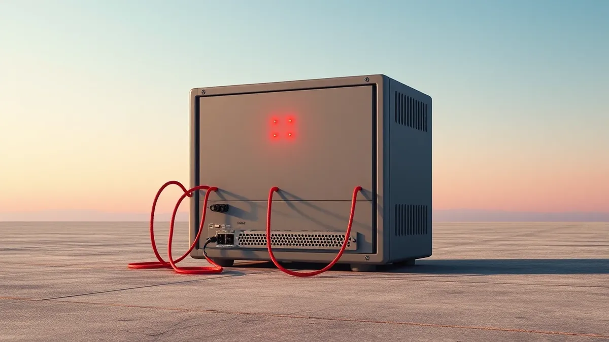 Illustration: A generic web server box sits isolated on a concrete floor.