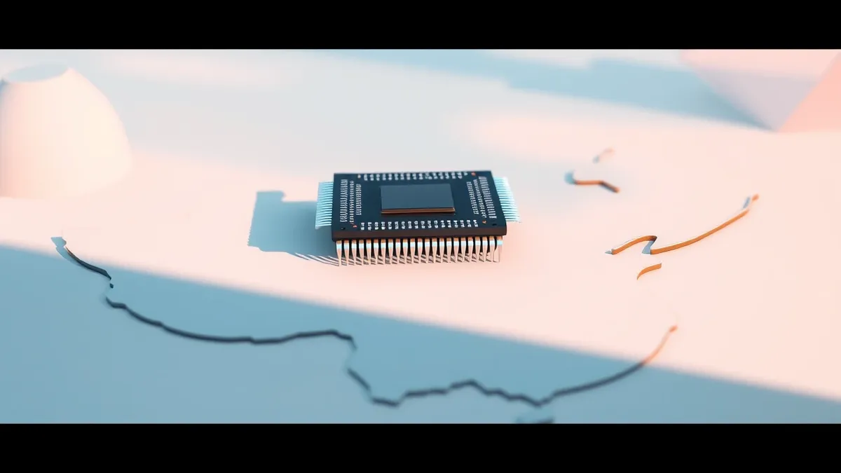 Illustration: A single black computer processor chip rests on a blurred map outline of China.