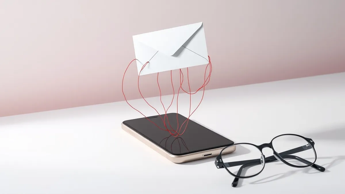 Illustration: A white envelope floats above a sleek, blank smartphone screen, trailing thin red threads that tangle around the device.