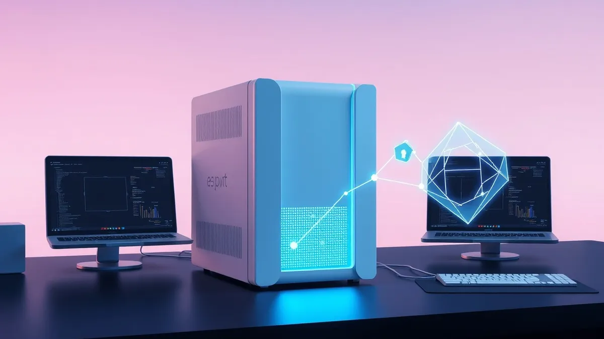 Illustration: A sleek white server node sits on a dark desk.