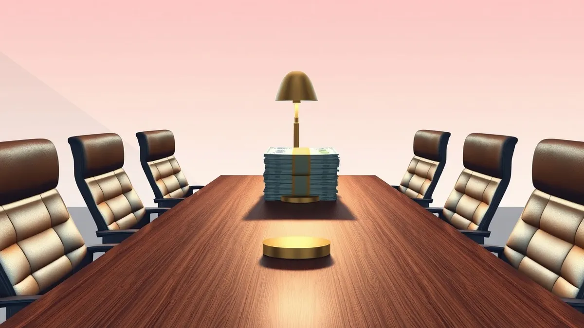 Illustration: A sleek wooden conference table holds four empty leather chairs around a central brass lamp.