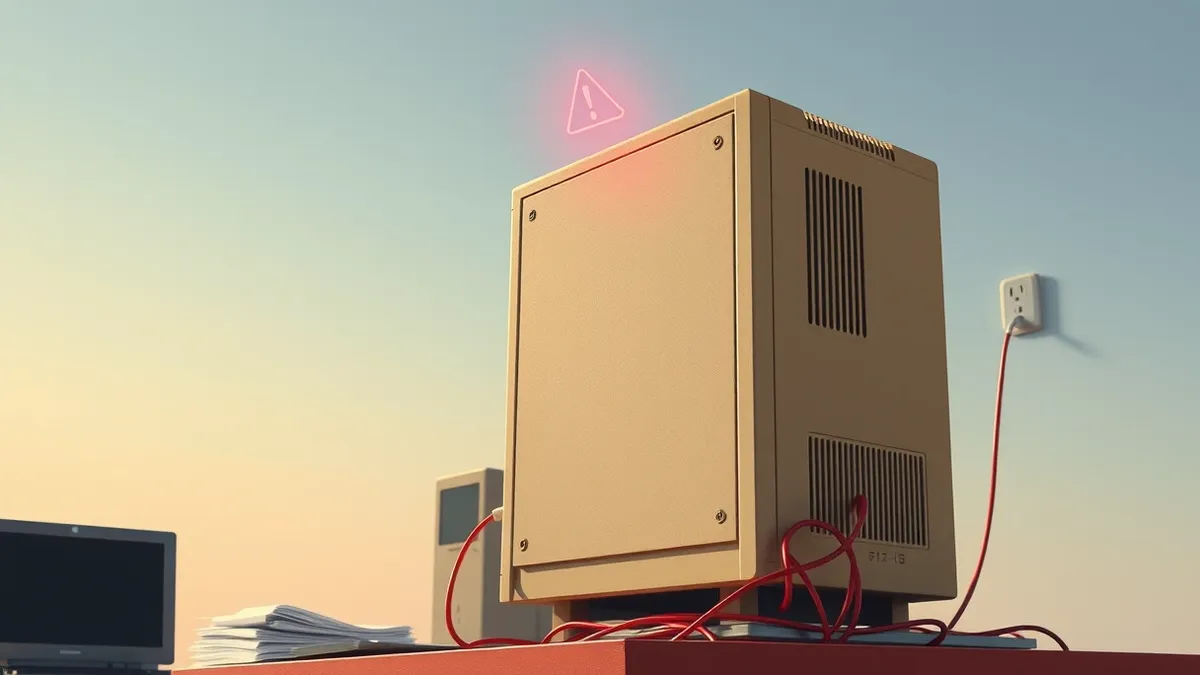 Illustration: A beige desktop tower sits on a cluttered office desk, its power light flickering erratically.