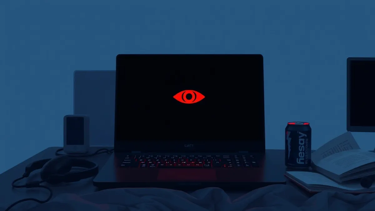 Illustration: A dimly lit bedroom features a sleek black laptop resting on a messy desk.