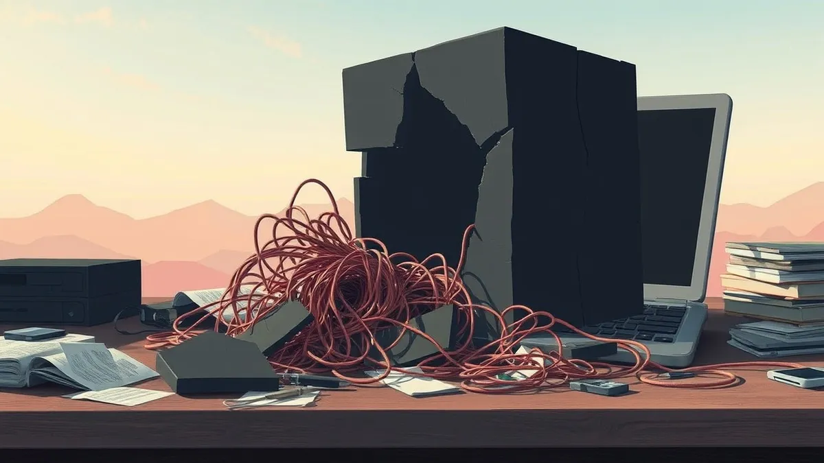 Illustration: A cracked black cube rests on a messy desk, its surface splintered to reveal chaotic, tangled copper wires spilling out like exposed guts.