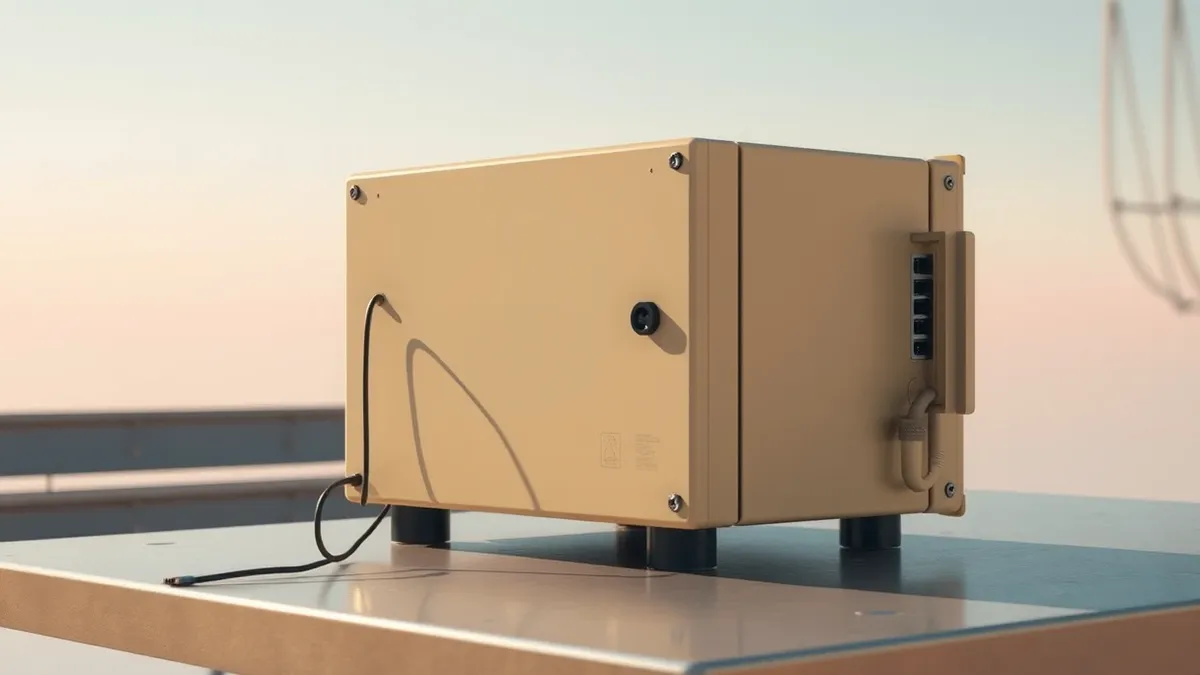Illustration: A beige industrial control module sits on a metal workbench, its red warning light glowing steadily.