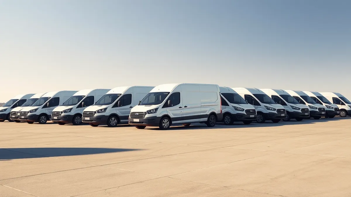 Illustration: A row of identical white autonomous vans with smooth, featureless hoods sits parked in an orderly line on a paved lot.