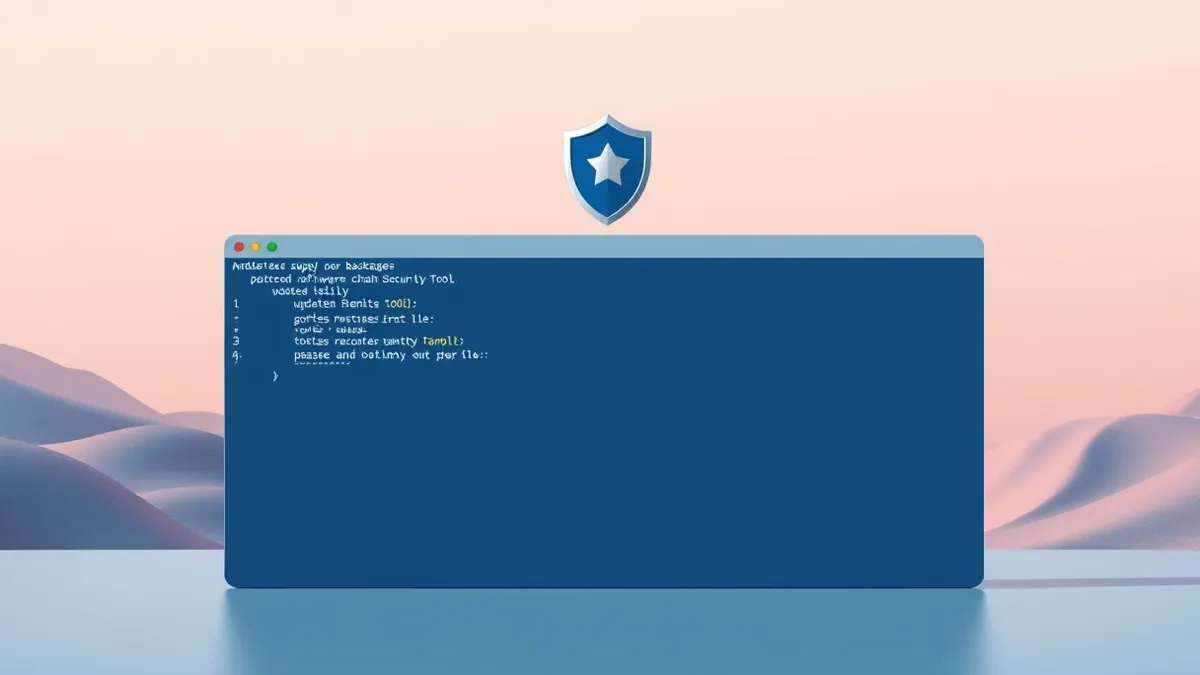 Illustration: A blank command-line terminal window displays abstract geometric shapes representing updated code packages for software supply chain security tools, with a subtle shi