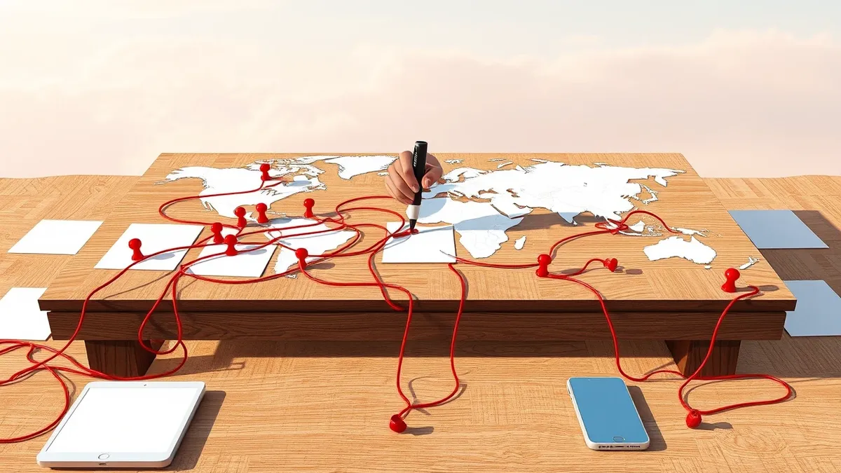 Illustration: A large wooden table covered with blank white maps and tangled red strings connects various pins.
