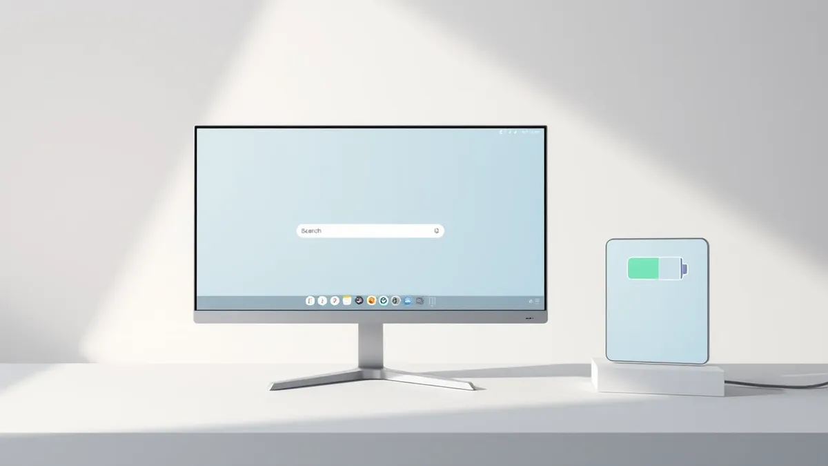 Illustration: A sleek desktop monitor displays a minimalist Windows interface with a clean search bar centered on the taskbar.