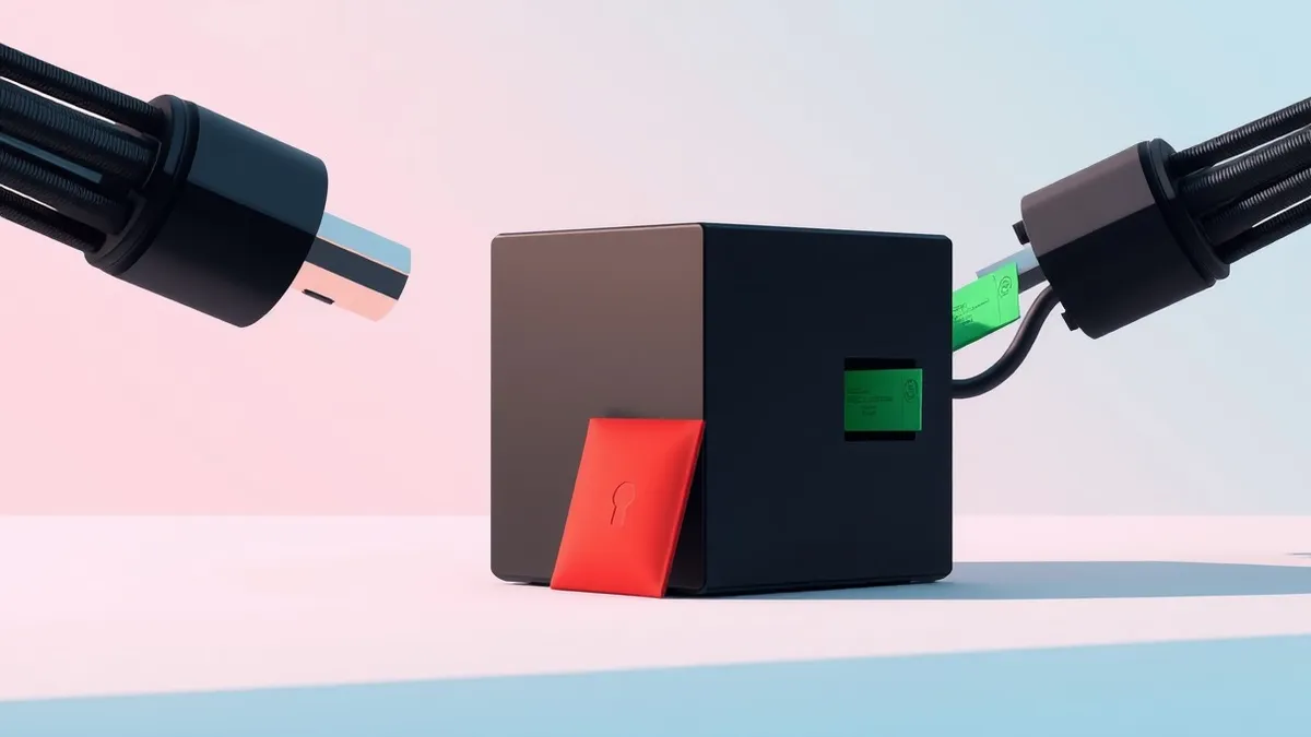 Illustration: A sleek black firewall box sits between two thick cables, acting as a checkpoint for data.