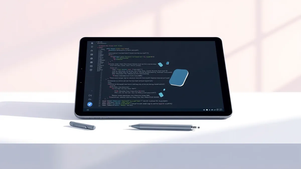 Illustration: A sleek tablet with a black bezel rests on a clean white desk.