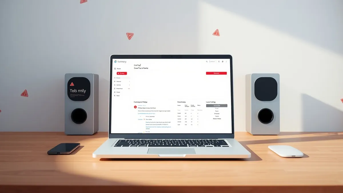 Illustration: A sleek white laptop sits on a wooden desk, its screen displaying a blank dashboard interface with subtle red warning icons floating in the background.