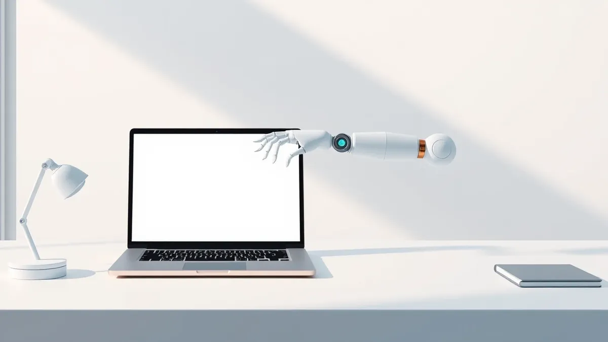 Illustration: A clean desk holds a modern laptop with a blank, empty screen.