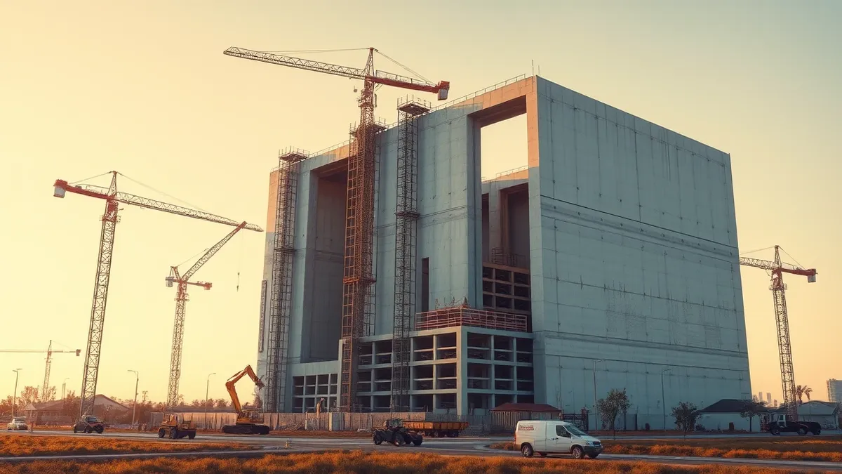 Illustration: A massive concrete structure sits under construction in a suburban landscape.