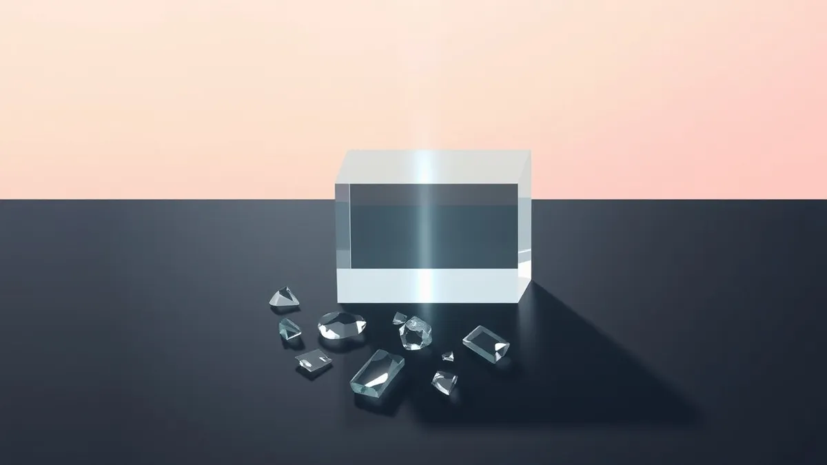 Illustration: A transparent glass prism sits on a dark table, refracting a single beam of white light into scattered, disconnected fragments.