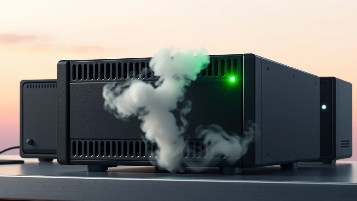 Illustration: A black security appliance sits on a metal desk, its single green status light flickering erratically.