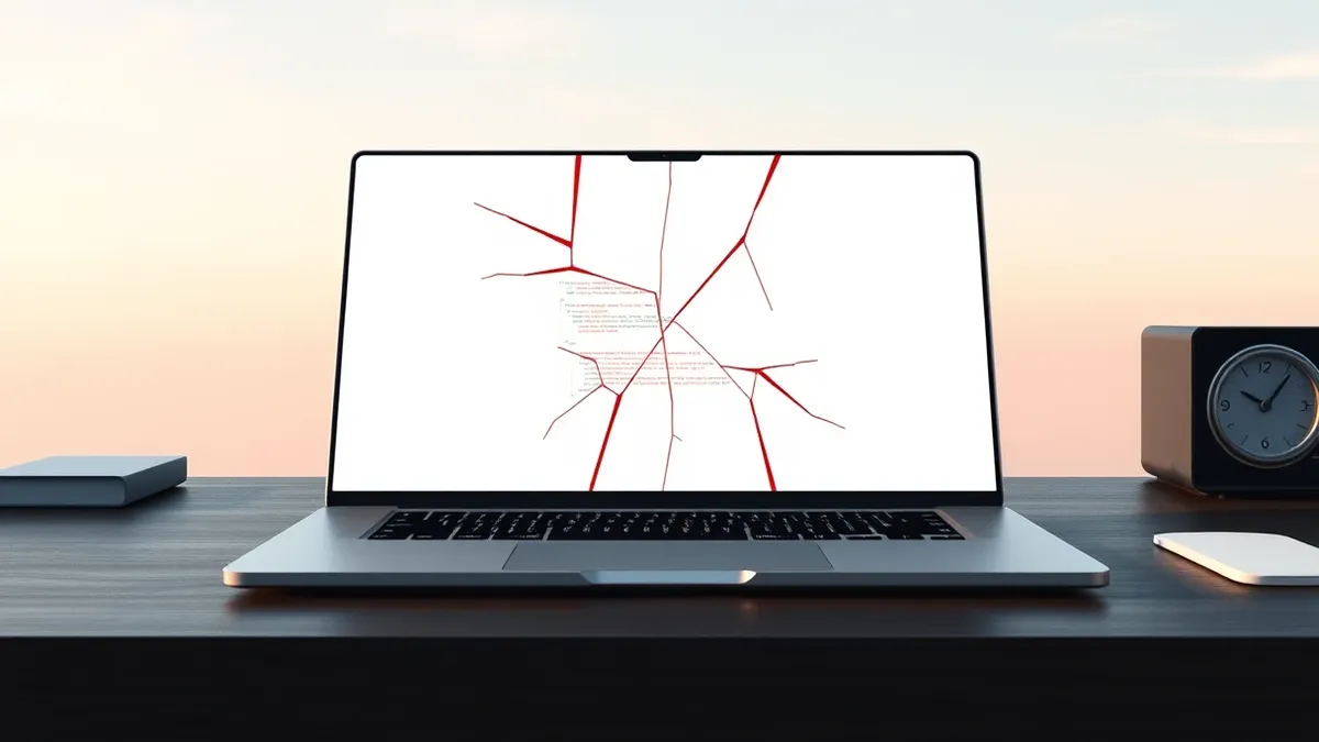 Illustration: A sleek silver laptop sits open on a dark wooden desk, displaying a blank code editor window with jagged red error lines slicing through empty white space.