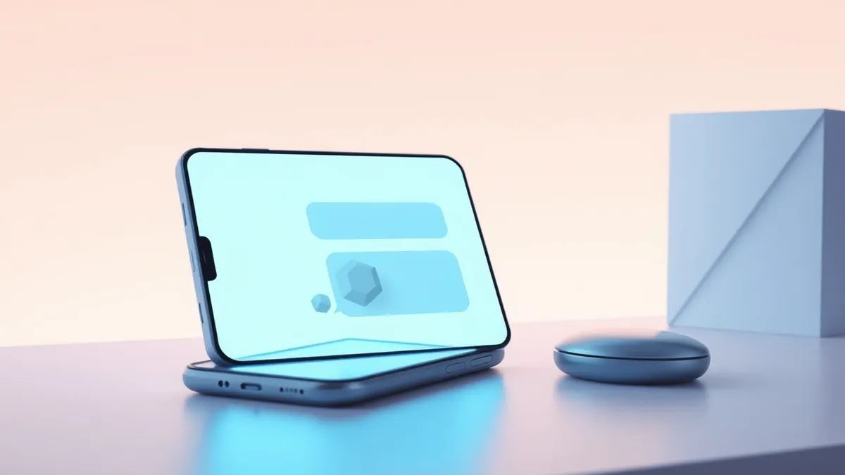 Illustration: A smartphone rests on a desk with its screen displaying a messaging interface.