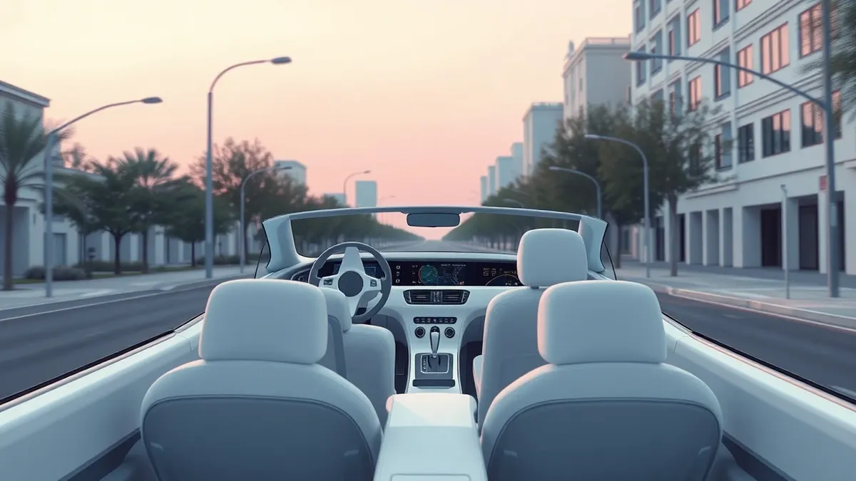 Illustration: A sleek white sedan cruises down a quiet city street with empty driver and passenger seats.