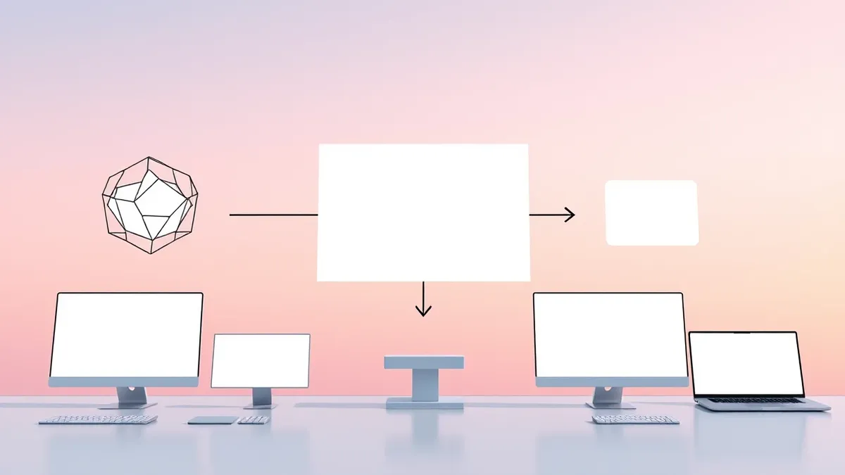 Illustration: A blank digital flowchart connects abstract geometric shapes representing artificial intelligence models to concrete business decision points.