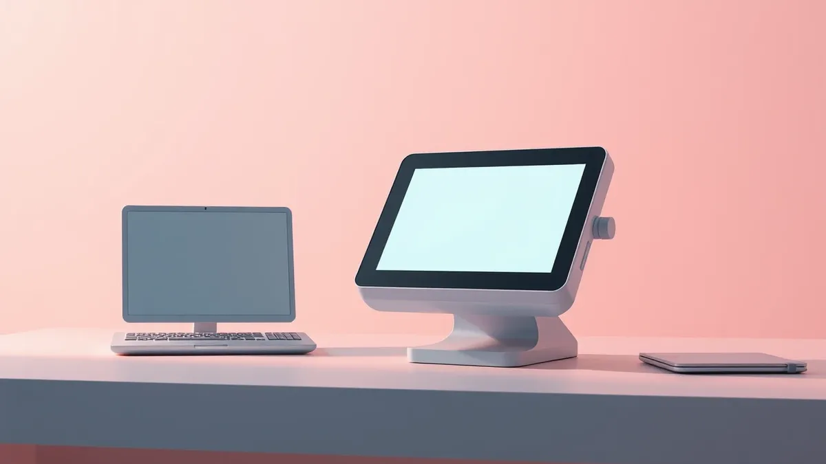 Illustration: A sleek, abstract payment terminal sits on a minimalist desk, its blank screen emitting a soft, rhythmic pulse of light that intensifies with each passing second, sym