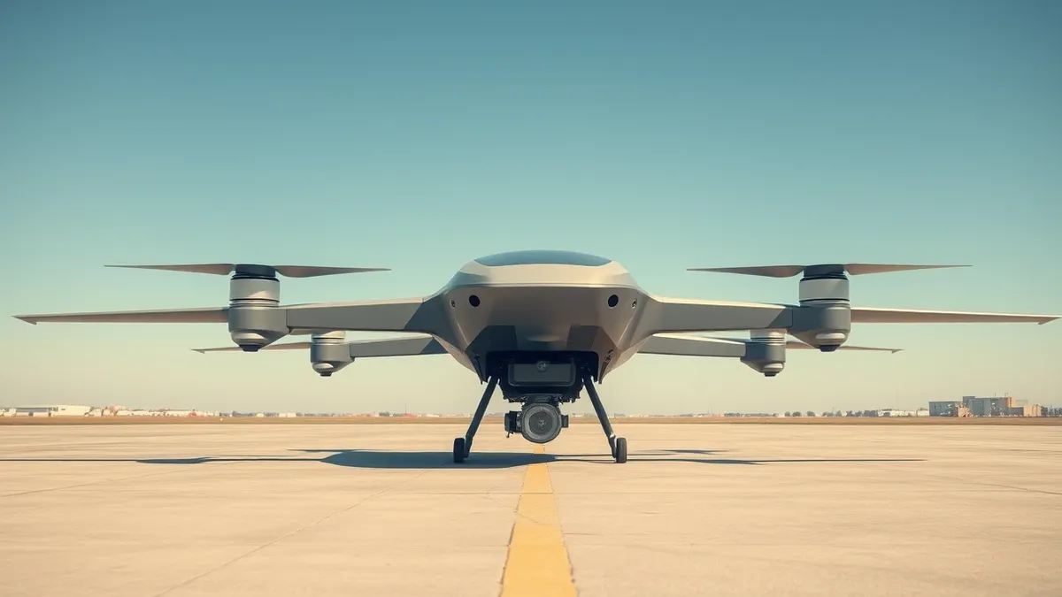Illustration: A sleek silver autonomous drone hovers silently above a sprawling industrial airfield under a clear blue sky.