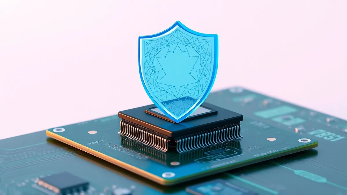 Illustration: A sleek black processor chip rests on a green circuit board, its metallic pins exposed.