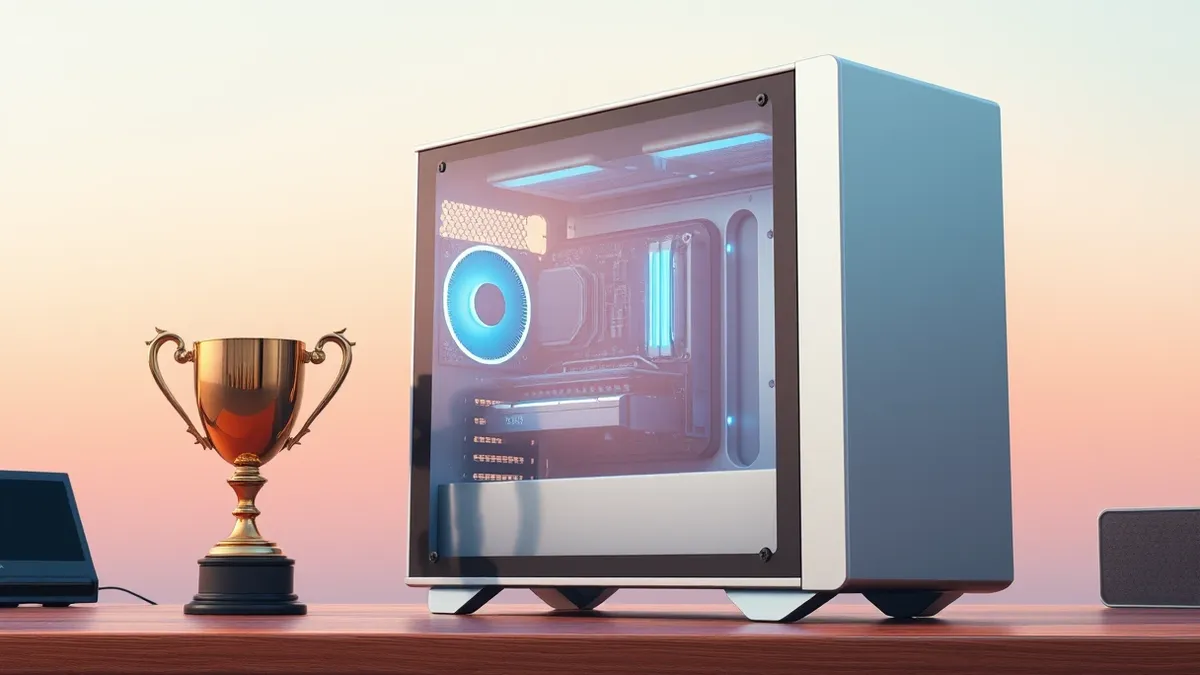 Illustration: A sleek silver computer tower sits on a wooden desk with its side panel removed.