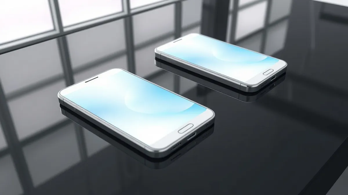 Illustration: A pristine white smartphone rests on a sleek black retail counter, its screen displaying a soft blue abstract gradient.