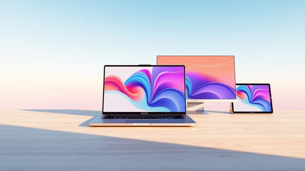 Illustration: A sleek silver laptop with a glossy touch-enabled screen sits beside a thin desktop computer and a small tablet.