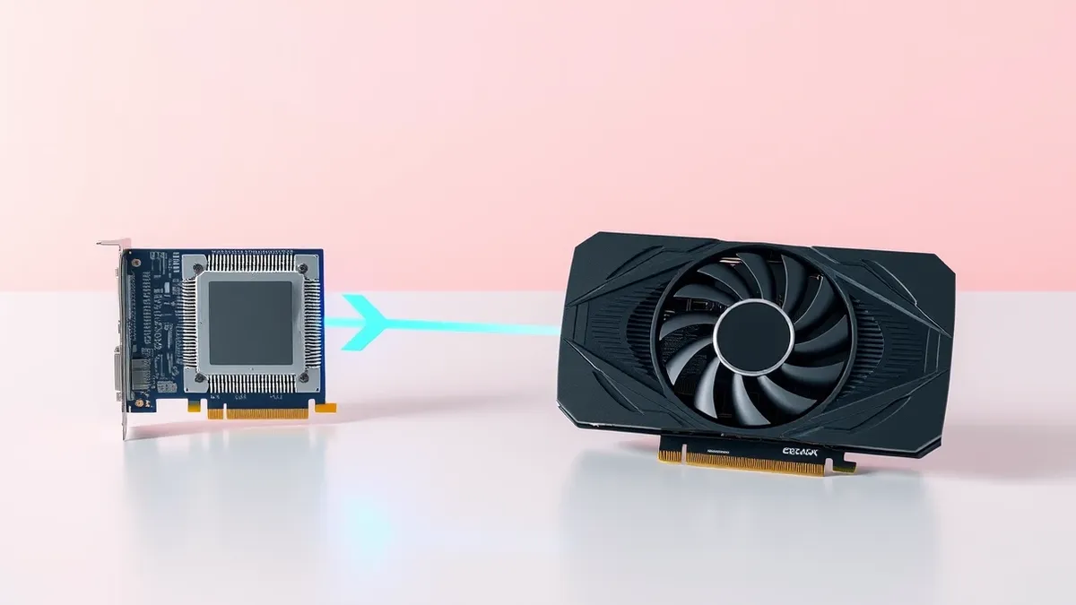 Illustration: A sleek black graphics card rests on a clean white desk next to a silver processor chip.
