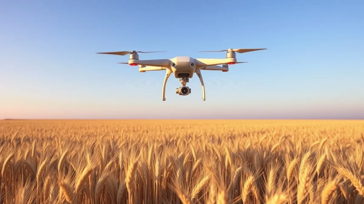 Illustration: A sleek white drone hovers mid-air above a field of golden wheat.