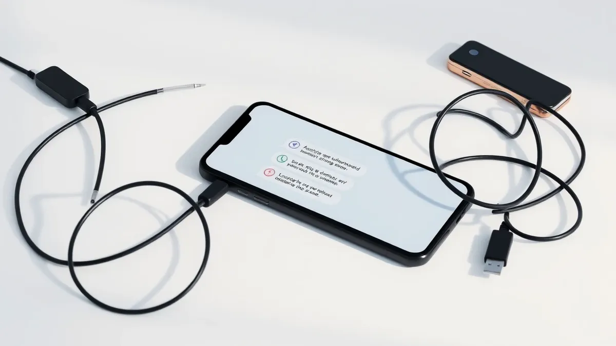 Illustration: A sleek black smartphone rests on a white desk next to a tangled USB cable.