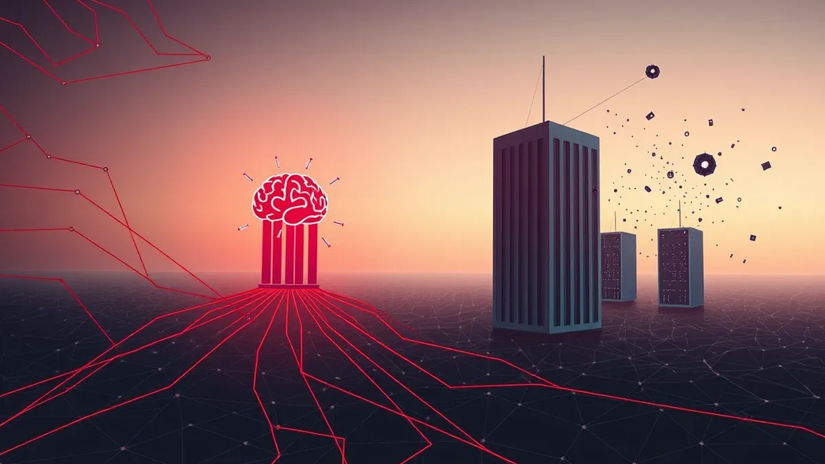 Illustration: A dark network map displays tangled red lines connecting to a generic bank tower.