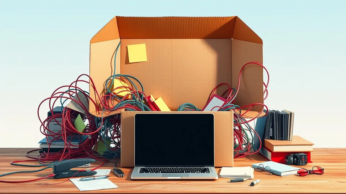 Illustration: A tangled mass of colorful office cables weaves through an open cardboard box filled with sticky notes and a stapler.