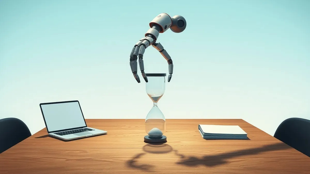 Illustration: A sleek robotic arm hovers uncertainly over a pristine wooden table, its metal fingers pausing inches from a fragile glass hourglass.