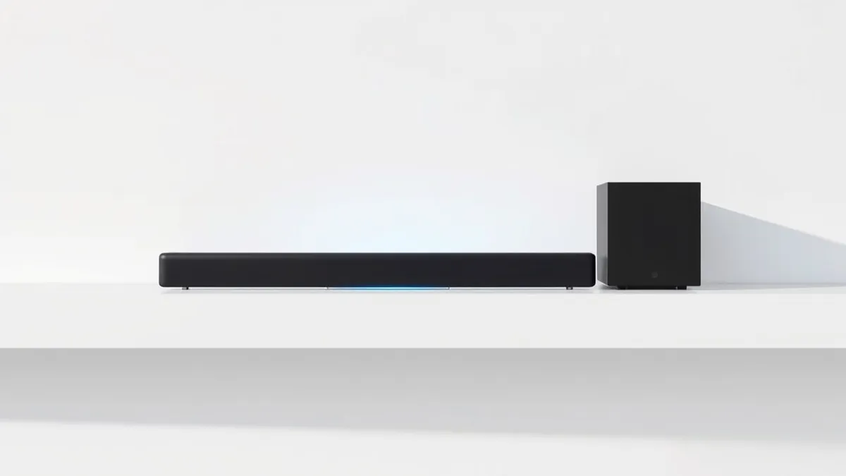 Illustration: A sleek black soundbar rests on a clean white shelf beside a matching wireless subwoofer.