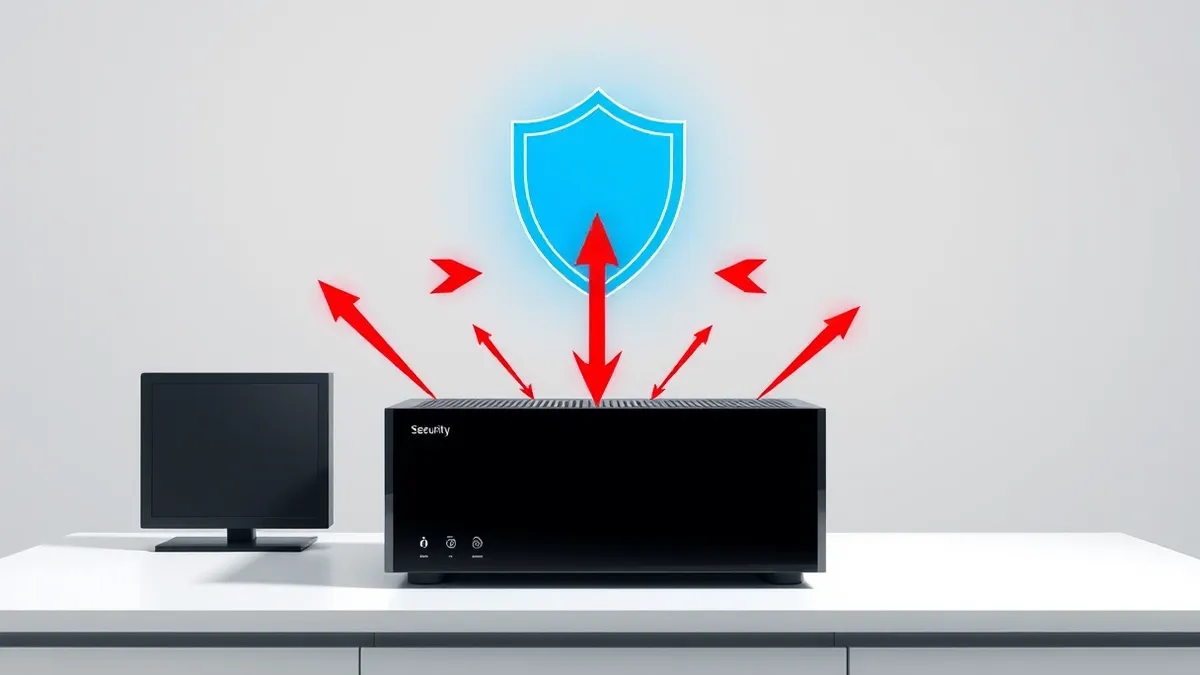 Illustration: A sleek black security appliance sits on a clean white desk.