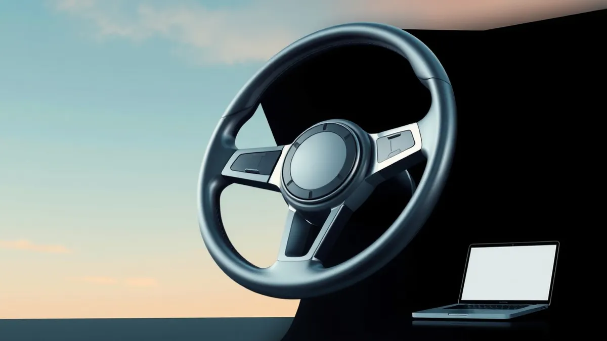 Illustration: A sleek metallic steering wheel floats against a dark background, its spokes twisting slightly to suggest instability.